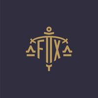 Monogramm-FX-Logo für Anwaltskanzlei mit geometrischer Skala und Schwertstil vektor