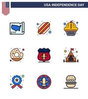 9 usa flache gefüllte linienzeichen unabhängigkeitstag feier symbole des amerikanischen schildmuffin essens runde editierbare usa tag vektor design elemente