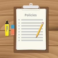 Richtlinien-Policy-Dokument-Checklistenliste mit Klemmbrettpapier-Bleistiftvektor vektor