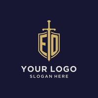 eo logotyp första monogram med skydda och svärd design vektor