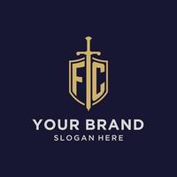 fc logotyp första monogram med skydda och svärd design vektor