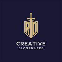 rd logotyp första monogram med skydda och svärd design vektor