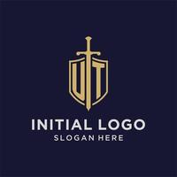 ut logotyp första monogram med skydda och svärd design vektor