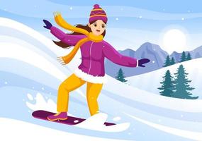 snowboarden mit leuten, die auf schneebedeckter bergseite oder steigung innerhalb der handgezeichneten schablonenillustration der flachen karikatur rutschen und springen vektor