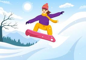 åka snowboard med människor glidning och Hoppar på snöig berg sida eller backe inuti platt tecknad serie hand dragen mallar illustration vektor