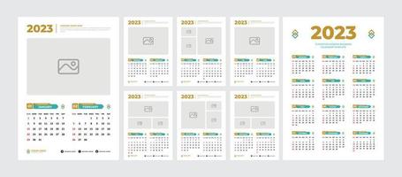 2023 vägg kalender design mall. redigerbar sida och Färg med Foto Platshållare. 2 månader i varje av sida kalender och 12 månader i ett sida vektor