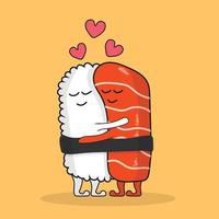 süßes sushi-lachspaar umarmt cartoon-vektor-symbol-illustration. Food Love Icon Konzept isolierter Premium-Vektor. flacher Cartoon-Stil vektor