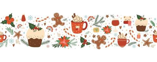 weihnachtskuchen, pudding, essen, kaffee, lebkuchen nahtlose grenze mit floralen dekorativen elementen des winterurlaubs. gebackenes weihnachtsdessert, heißes wintergetränk. horizontale Wiederholungsvektorillustration vektor