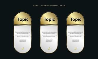 3 Satz goldene Infografik-Schaltflächen mit luxuriösem Rahmen, 3 Premium-Gold-Award-Banner für Textfeld-Infografik-Designvorlagen, Vektor und Illustration.