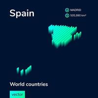 Spanien 3D-Karte. Die stilisierte isometrische neongestreifte Karte ist in grünen Farben auf dem dunkelblauen Hintergrund vektor