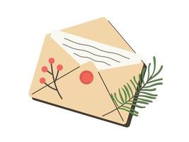 papierbrief in braunem kraftumschlag für weihnachtsferien. Bastelpost zu Weihnachten. festliche postbotschaften, roter beerenzweig und blattdekor vektor