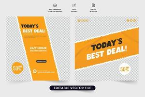 Web-Banner-Design für Restaurant-Business-Werbung mit gelben und dunklen Farben. spezieller Food-Promo-Vorlagenvektor mit abstraktem Pinseleffekt. Werbeplakat für kulinarische Lebensmittel mit Fotoplatzhaltern. vektor