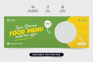 särskild mat rabatt baner mall design med Foto Platshållare. restaurang social media omslag mall vektor med gul och grön färger. färsk och organisk mat kommersiell webb baner design.