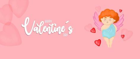 horizontales banner zum valentinstag. süßer engel charakter amor. fröhlichen Valentinstag. rosa Hintergrund. vektor