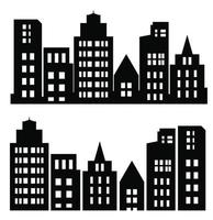 Stadtgebäude silhouettieren verschiedene Bauvektorsatzillustrationen, die auf weißem Hintergrund lokalisiert werden. schwarz in flachen Silhouetten von Wolkenkratzern und Flachbauten. architektonische konstruktionen gesetzt vektor