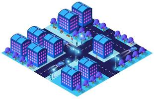 stadt zukunft smart urban isometrische nachtlichter architektur 3d-illustration technologie stadtstraße mit vielen gebäudehäusern vektor