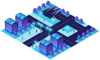 stadt zukunft smart urban isometrische nachtlichter architektur 3d-illustration technologie stadtstraße mit vielen gebäudehäusern vektor