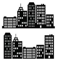 Stadtgebäude silhouettieren verschiedene Bauvektorsatzillustrationen, die auf weißem Hintergrund lokalisiert werden. schwarz in flachen Silhouetten von Wolkenkratzern und Flachbauten. architektonische konstruktionen gesetzt vektor