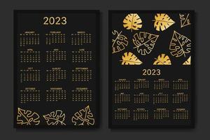 klassischer monatskalender für 2023. kalender mit monstera-blättern, schwarz-goldene farbe. vektor