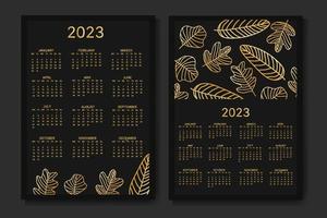 klassisk en gång i månaden kalender för 2023. kalender med handflatan löv, svart och guld Färg. vektor