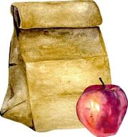 Aquarell braune Kraftpapiertasche mit Apfel isoliert auf weißem Hintergrund. Papiertütenverpackung für das kleine Schulfrühstück vektor