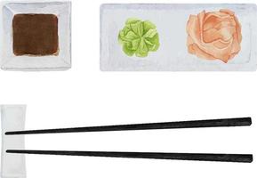 Aquarell-Sushi-Set mit Sojasauce, Wasabi und rot-weißem Gi vektor