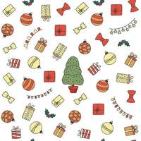 sömlös mönster för jul på vit bakgrund med klotter element jul. mönster för gåva, omslag papper, hälsning kort. mall med gåva, rosett, boll, krans, mistel. vektor
