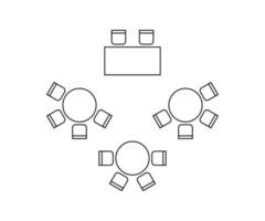 planen för arrangera säten och tabeller i interiör på händelse bankett bröllop, layout grafisk översikt element. stolar och tabeller tecken i schema arkitektonisk planen. möbel, topp se. vektor linje