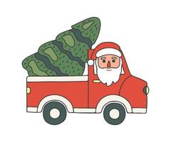 weihnachtsfigur santa claus transport gree baum auf auto, gekritzelstil. handgezeichneter traditioneller charakter in der winterferienzeit, tannenlieferung. Vektor-Illustration vektor