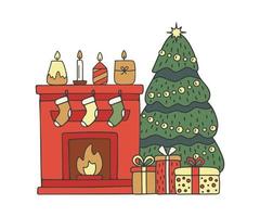 haus mit kamin und weihnachtsbaum, innenraum dekoriert für weihnachtsferien. Fichte mit Geschenken und Heimfeuer, Karte im Winterurlaub. Vektor-Illustration vektor