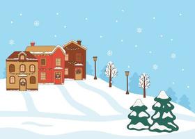 vinter- landskap hus utanför på kulle med gran träd, klotter stil. hand dragen snöig byggnad exteriör med gran. vinter- jul Semester och firande. vektor illustration