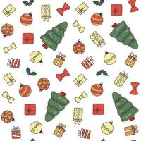sömlös mönster för jul på vit bakgrund med klotter element jul. mönster för gåva, omslag papper, hälsning kort. mall med gåva, rosett, boll, mistel. vektor