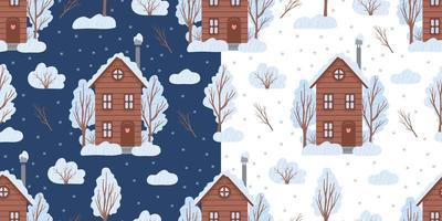 sömlös mönster med landsbygden vinter- hus på vit och mörk blå bakgrunder. vektor platt illustration. bra för tyger, omslag papper, jul design