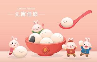 söt kanin karaktär eller maskot, lykta festival eller vinter- solstånd med klibbig ris bollar, klibbig ris ljuv mat i Asien vektor