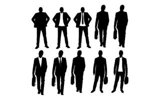 företag män silhuetter uppsättning i olika poserar. platt vektor illustrationer. grupp av företag människor.