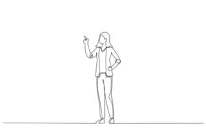 karikatur einer fröhlichen geschäftsfrau, die steht und mit dem finger wegzeigt. Einzeiliger Kunststil vektor