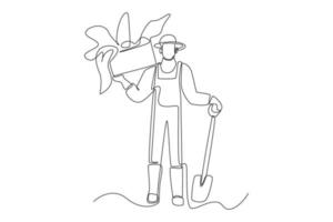 kontinuerlig ett linje teckning manlig jordbrukare med hacka bärande vegetabiliska skörda. lantbruk begrepp. enda linje dra design vektor grafisk illustration.