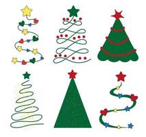 satz von weihnachtsbäumen symbolen und aufklebern. abstrakte weihnachtsbäume mit weihnachtsspielzeug. vektor