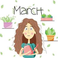 Mars söt flicka illustration i platt stil. kalender, vår humör. vektor