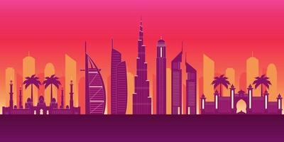 dubai silhuett vektor illustration. vektor illustration med Allt känd torn. förenad arab emirates skyskrapa byggnader silhuett.