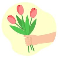hand innehav bukett av blommor. vektor illustration av röd tulpaner på vit bakgrund. design för kvinnas dag och mors dag.