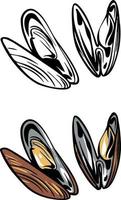 kokta musslor med örter på tallrik illustration. skaldjur och skaldjur restaurang design element. hand dragen musslor skiss isolerat på årgång bakgrund. för meny, recept, logotyper, flygblad, inbjudan. vektor