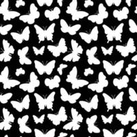 Schmetterlings-Silhouetten-Muster. Schwarz-Weiß-Druck. nahtloser hintergrund mit schmetterlingen, die insekten fliegen. vektorwiederholungsillustration für sommer- und romantische designs, textilien, stoffe, verpackungspapier vektor