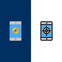 anwendung mobil mobile anwendung ziel symbole flach und linie gefüllt icon set vektor blauen hintergrund