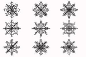 das bild zeigt verschiedene schneeflocken in schwarzer umrandung, bestimmt für neujahr, postkarten, kleidungs- und stoffdruck und andere anlässe vektor