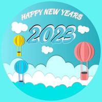 papierkunststil gruß 2023 frohes neues jahr ballons, die über den blauen himmel fliegen. Vektoren eps 10