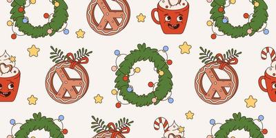 Grooviges Hippie-Weihnachtsnahtloses Muster mit Retro-Comicfiguren und -elementen. trendiger 70er-Stil. Frohe Weihnachten und ein glückliches Neues Jahr. Vintage-Hintergrund. vektor