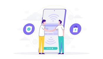 uppkopplad betalning säkerhet via smartphone. två man hand skaka återförsäljare betalning. platt illustration lämplig för användare gränssnitt, ui, ux, webb, mobil, baner och infografik. vektor