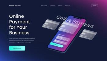online-zahlung für ihre business-landingpage-vorlage mit farbverlaufshintergrund und isometrischem 3d-vektorillustrations-glaseffekt vektor