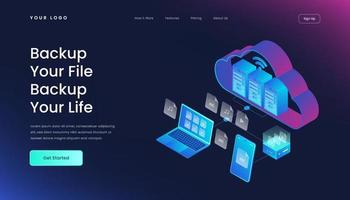 technologisches konzept der vorlage zum hochladen der isometrischen vektorillustration des datei-landingpage-gradienten 3d vektor
